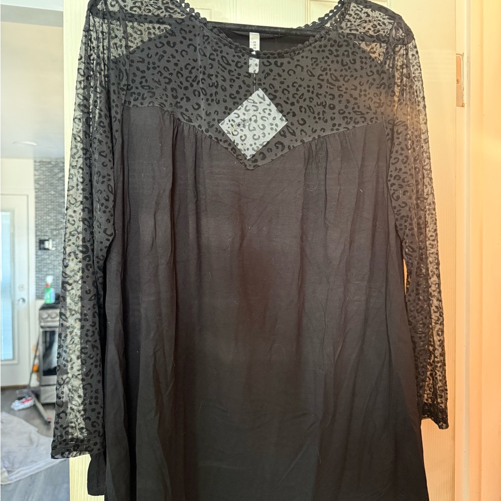Emerald Black Sheer Leopard Yoke Long Sleeve Tunic